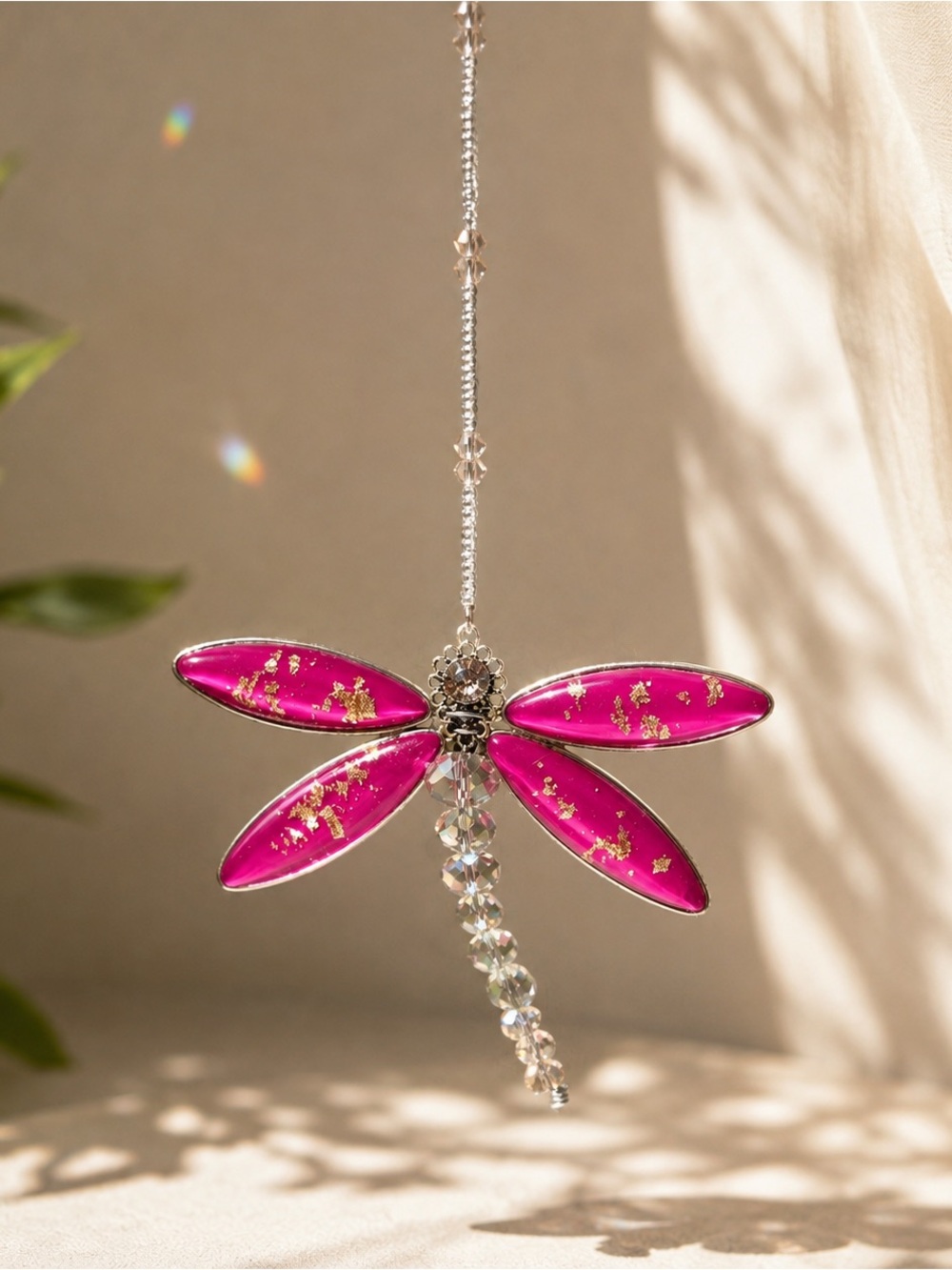 Handcrafted Upcycled Jewelry Dragonfly Suncatcher Window Decor Pink Gold